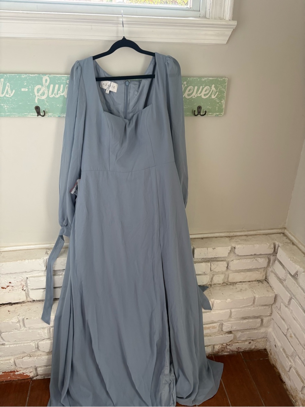 Azazie dusty Blue Long Maxi Dress with Bishop Sleeves